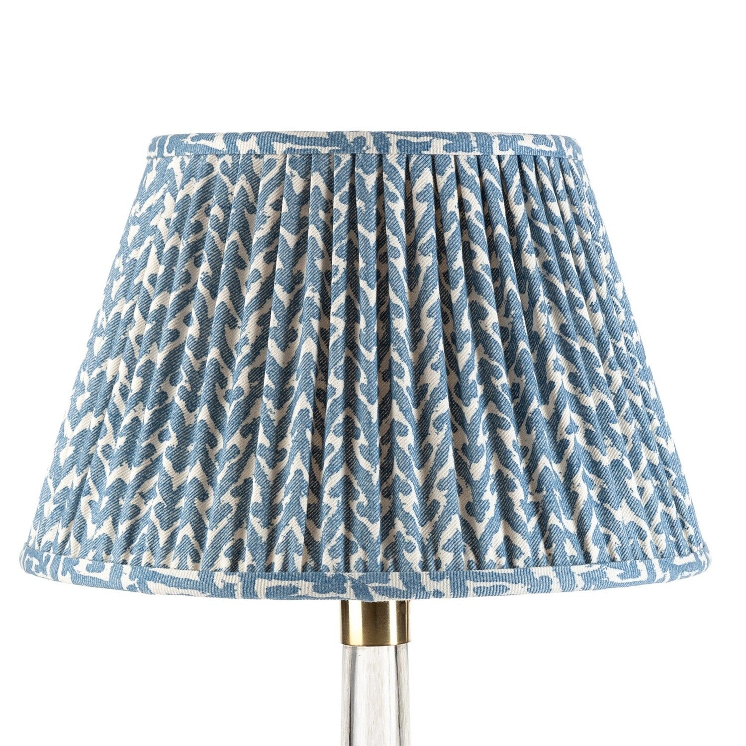 Fermoie Blue Rabanna empire lampshade styled on a glass table lamp in Nashville, Tennessee