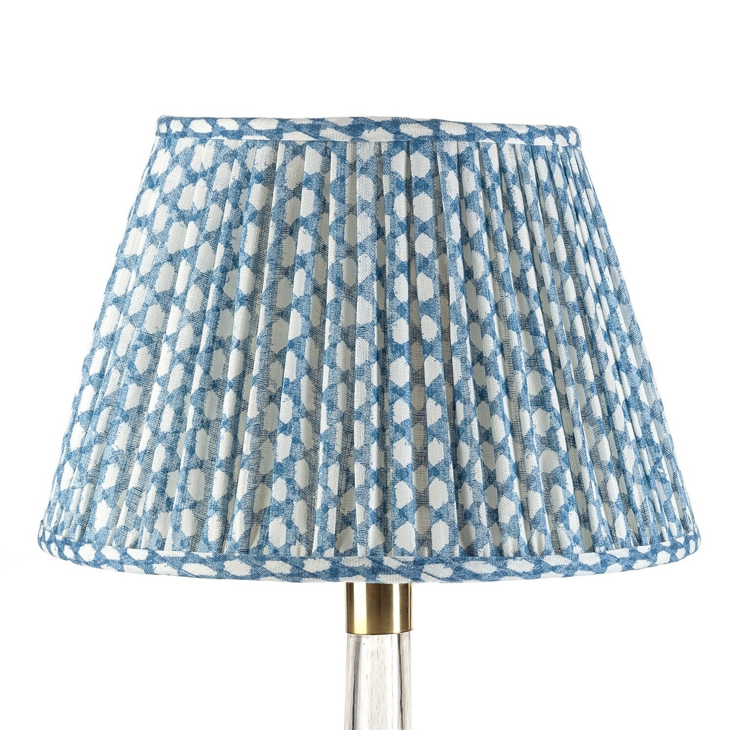 Fermoie Blue Wicker Empire lampshade styled on a glass table lamp in Nashville, Tennessee