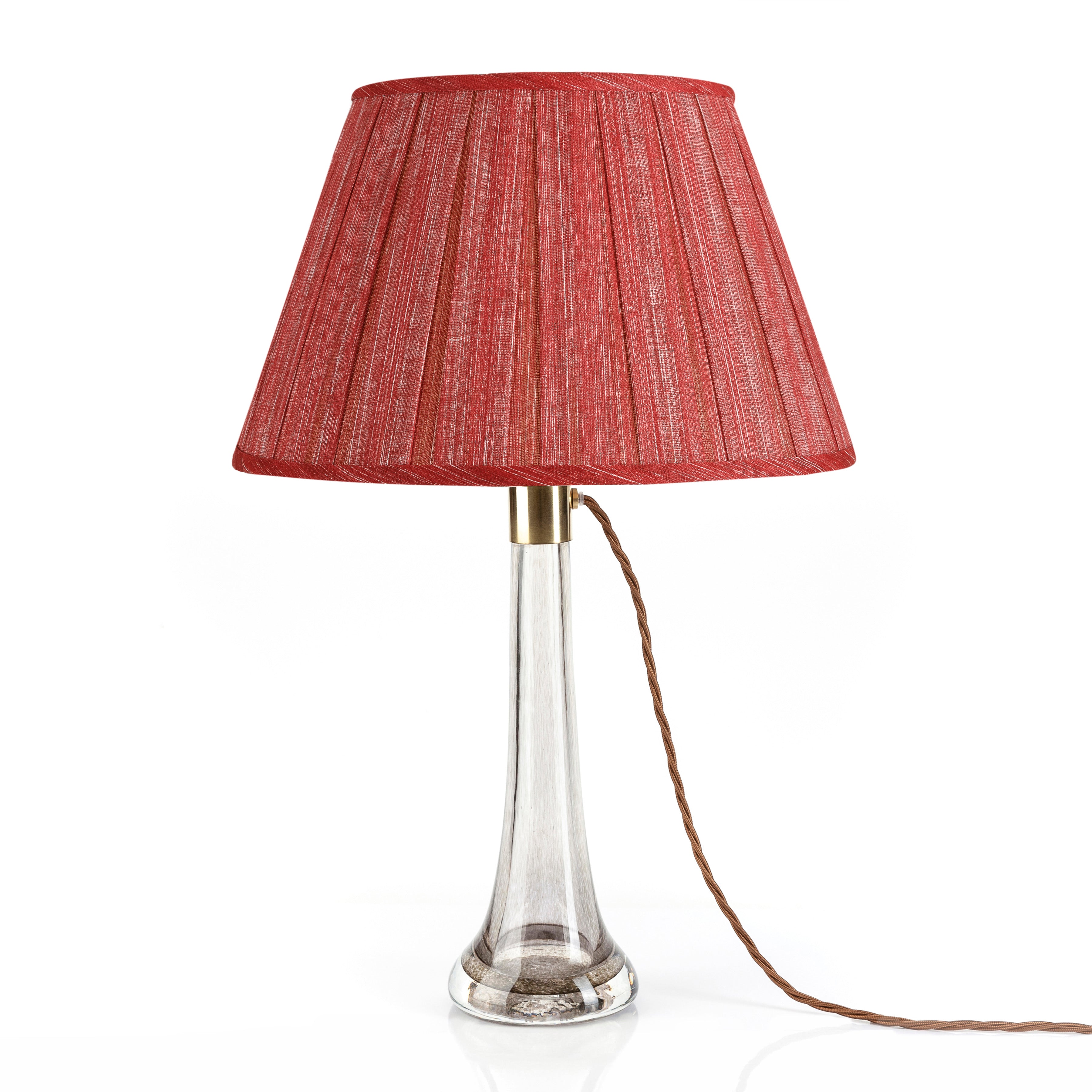 Fermoie Carpet Slipper Box Pleat Lampshade styled on a glass table lamp in Nashville, Tennessee