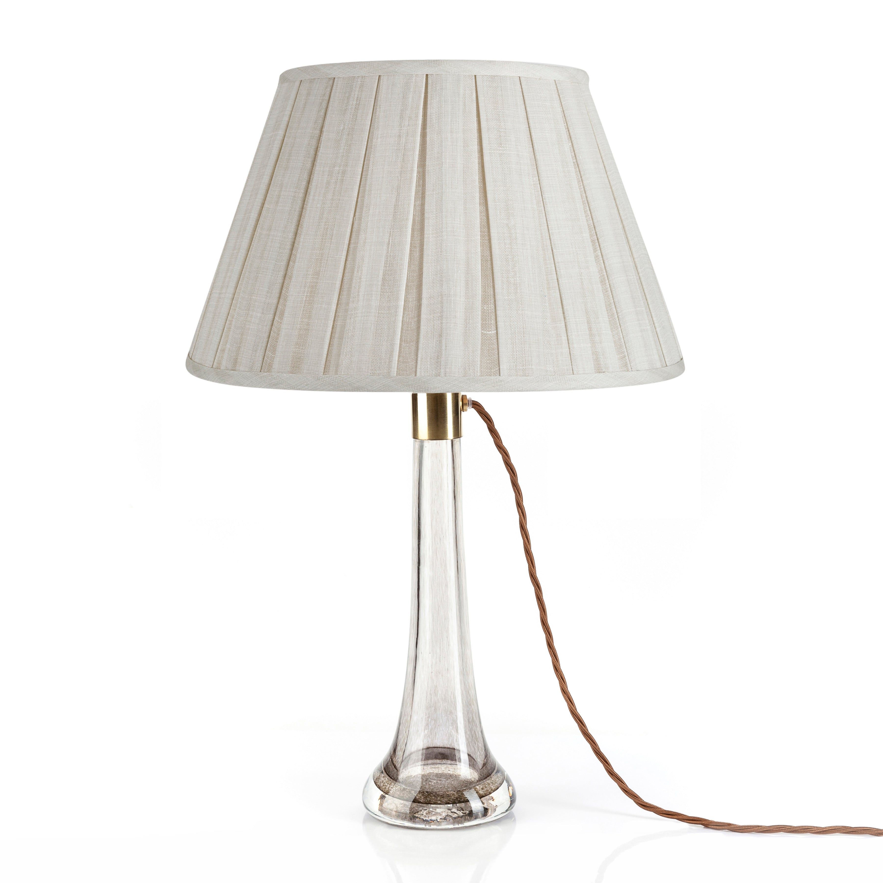 Fermoie Cream Moire Box Pleat Lampshade styled on a glass table lamp in Nashville, Tennessee