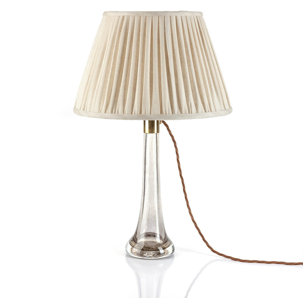 Fermoie Cream Moire Empire lampshade styled on a glass table lamp in Nashville, Tennessee