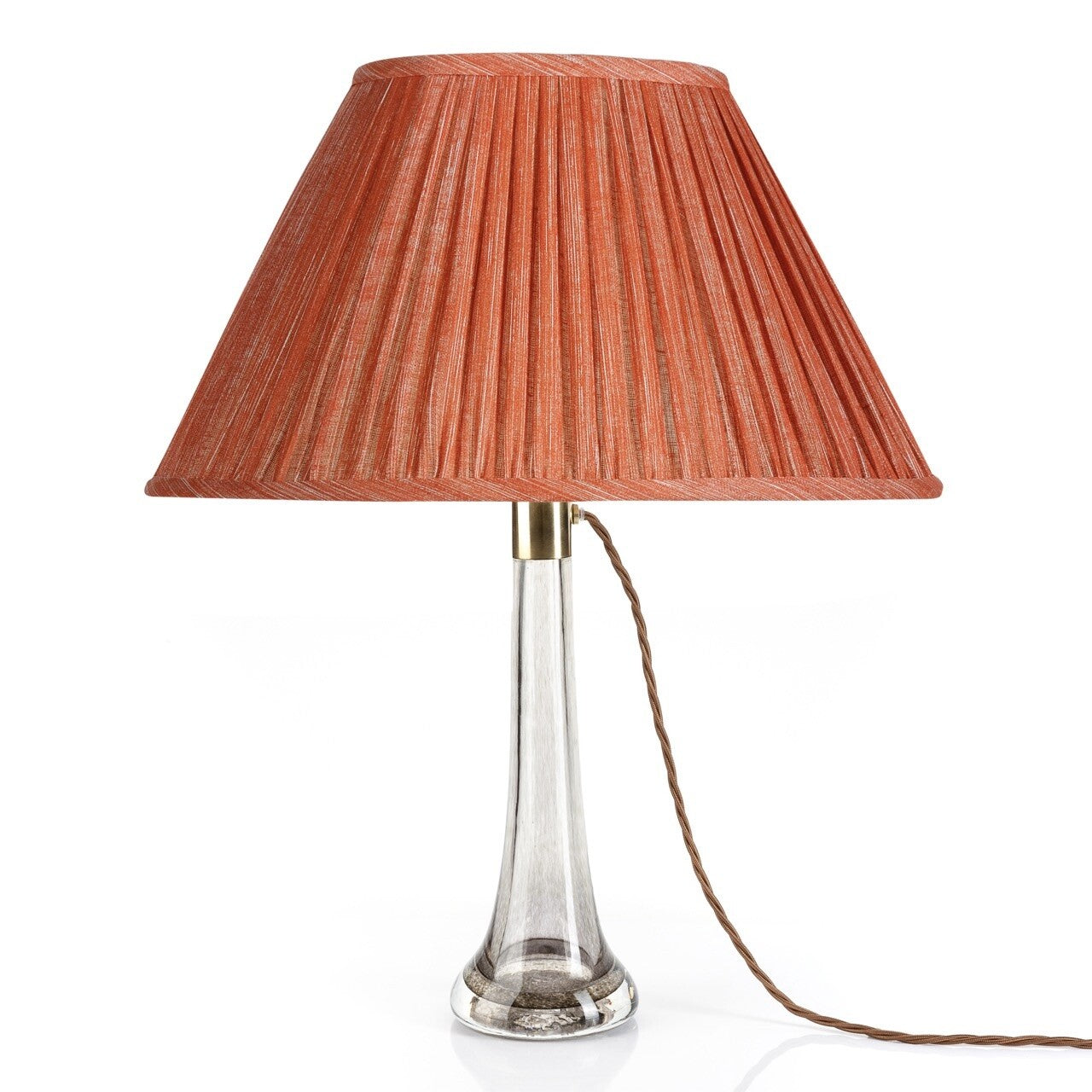 Fermoie Fresco oval lampshade styled on a glass table lamp in Nashville, Tennessee