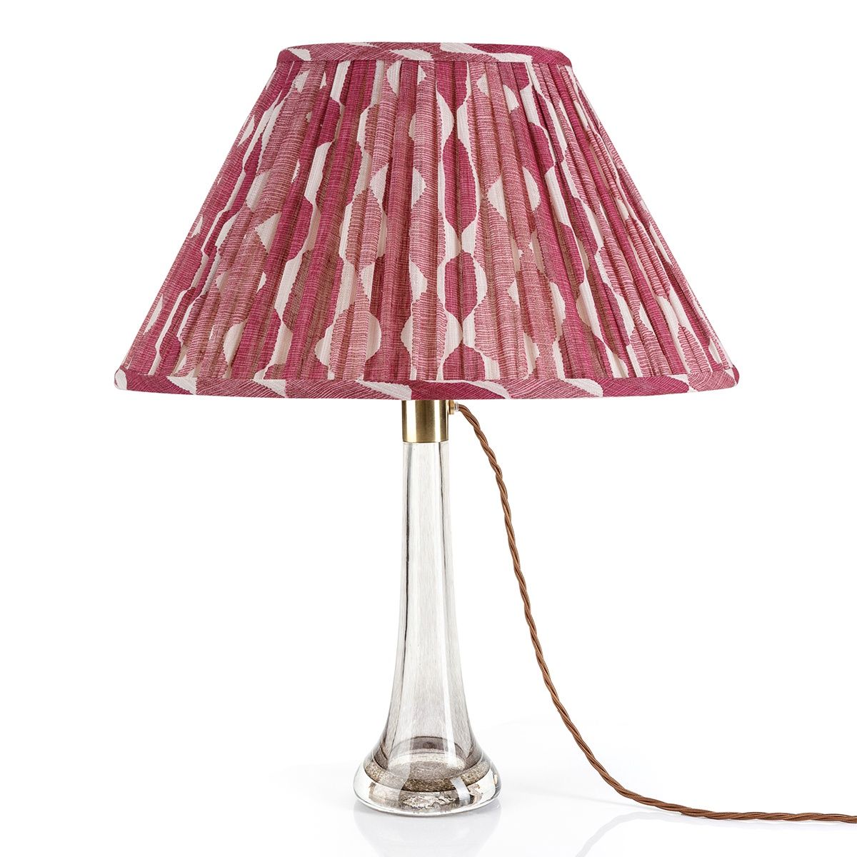 Fermoie Fuchsia Whittle oval lampshade styled on a glass table lamp in Nashville, Tennessee