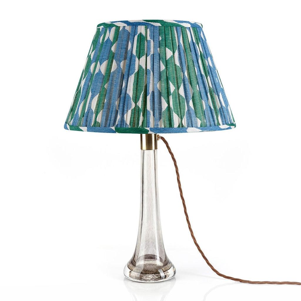 Fermoie Green and Blue Whittle Empire lampshade styled on a glass table lamp in Nashville, Tennessee
