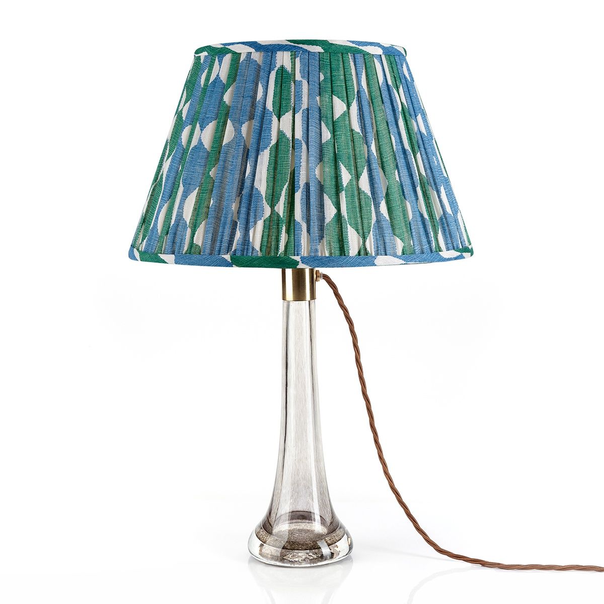 Fermoie Green and Blue Whittle Empire lampshade styled on a glass table lamp in Nashville, Tennessee
