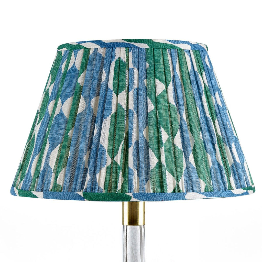 Fermoie Green Blue Whittle empire lampshade styled on a glass table lamp in Nashville, Tennessee