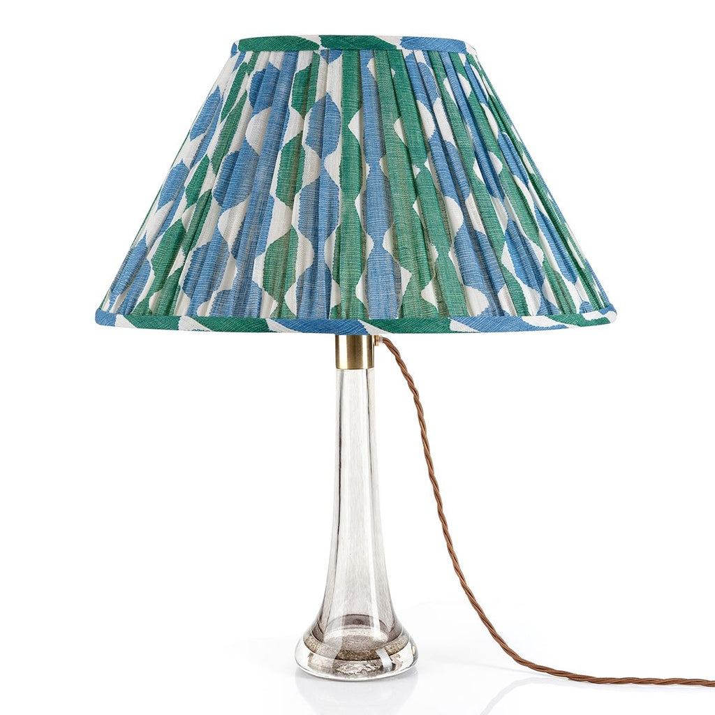 Fermoie Green and Blue Whittle oval lampshade styled on a lucite table lamp in Nashville, Tennessee