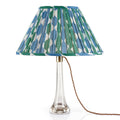 Fermoie Green and Blue Whittle oval lampshade styled on a lucite table lamp in Nashville, Tennessee