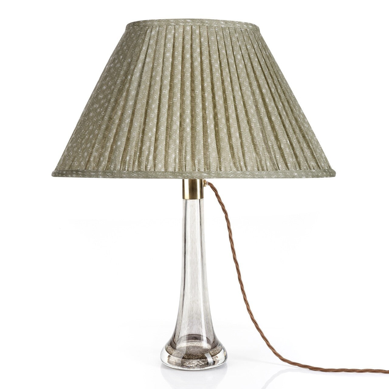 Fermoie Green Figured oval lampshade styled on a glass table lamp in Nashville, Tennessee