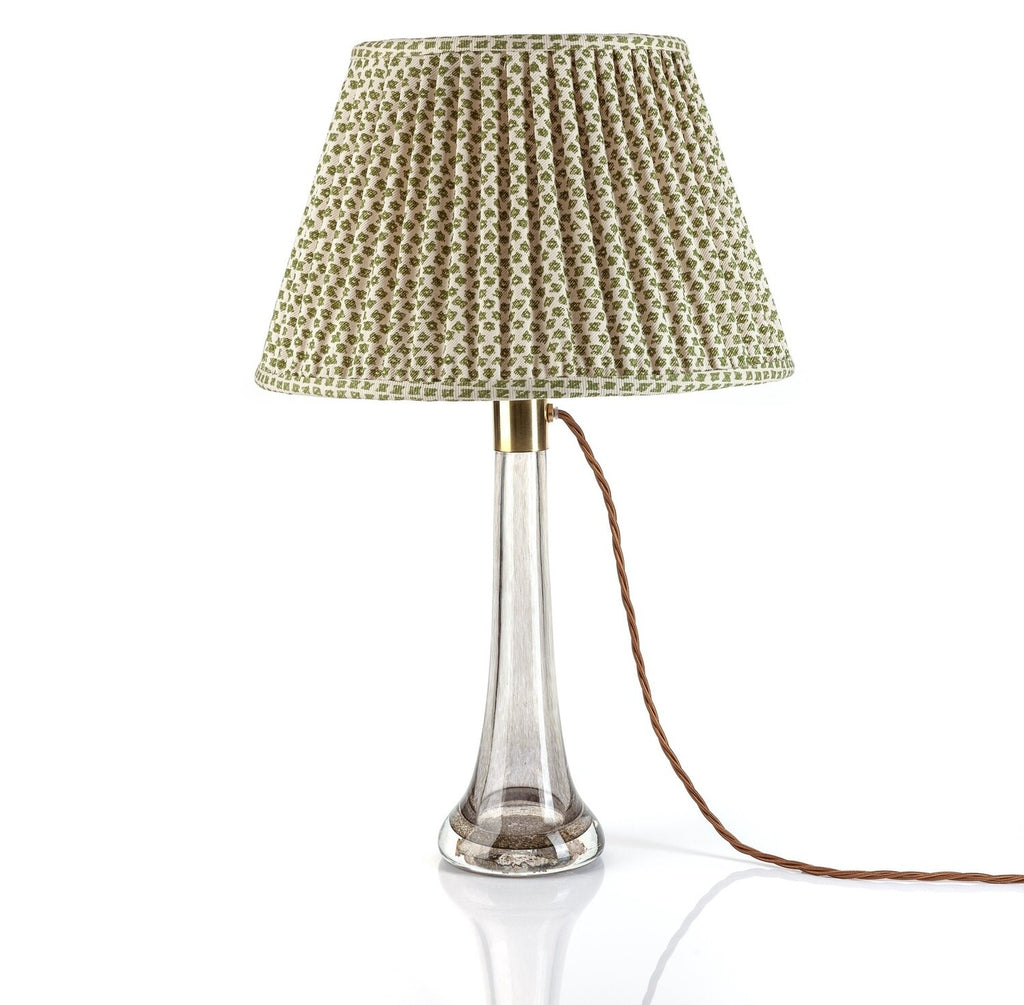 Fermoie Green Marden Empire lampshade styled on a glass table lamp in Nashville, Tennessee