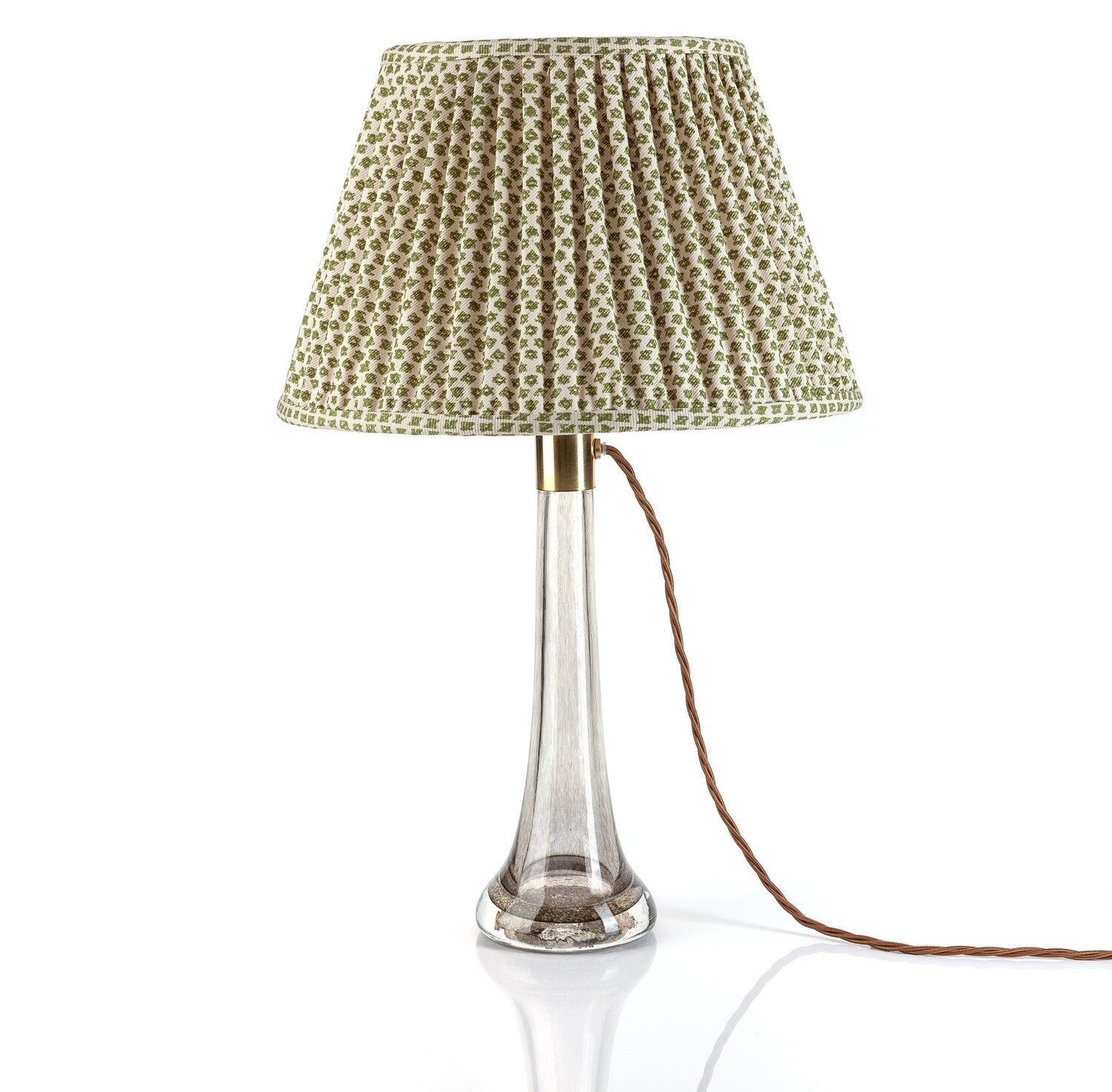 Fermoie Green Marden Empire lampshade styled on a glass table lamp in Nashville, Tennessee
