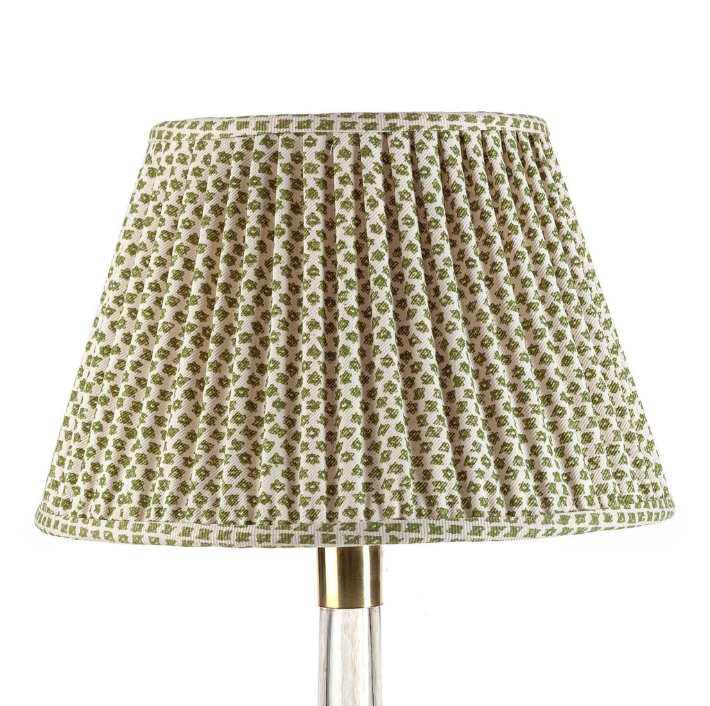 Fermoie Green Marden empire lampshade styled on a glass table lamp in Nashville, Tennessee