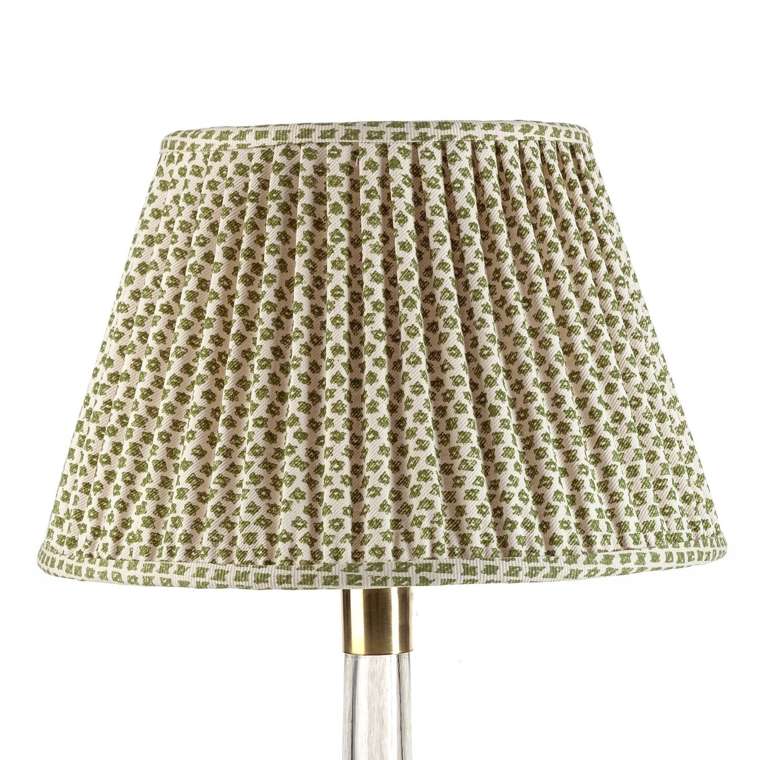 Fermoie Green Marden empire lampshade styled on a glass table lamp in Nashville, Tennessee
