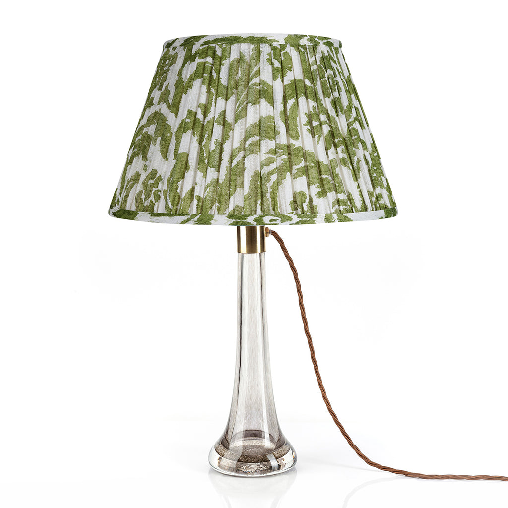 Fermoie Green Marlborough Empire lampshade styled on a glass table lamp in Nashville, Tennessee