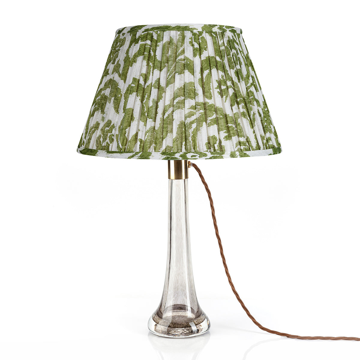 Fermoie Green Marlborough Empire lampshade styled on a glass table lamp in Nashville, Tennessee
