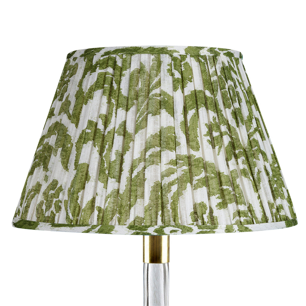 Fermoie Green Marlborough empire lampshade styled on a glass table lamp in Nashville, Tennessee