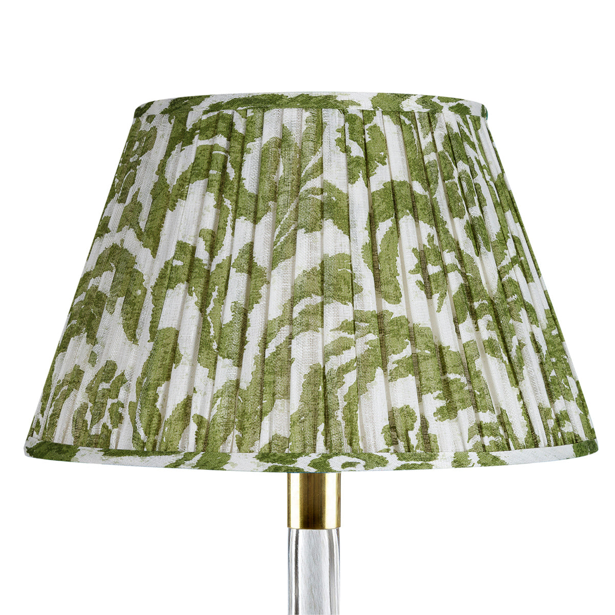 Fermoie Green Marlborough empire lampshade styled on a glass table lamp in Nashville, Tennessee