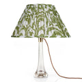 Fermoie Green Marlborough oval lampshade styled on a glass table lamp in Nashville, Tennessee