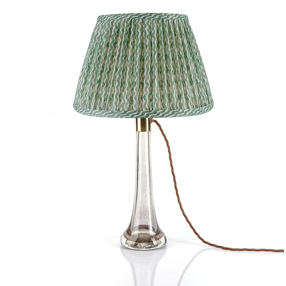 Fermoie Green Popple Empire lampshade styled on a glass table lamp in Nashville, Tennessee