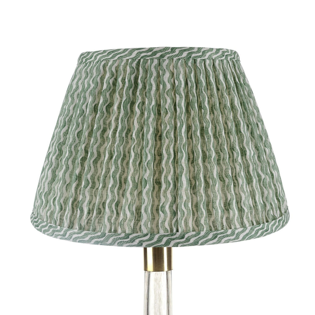 Fermoie Green Popple empire lampshade styled on a glass table lamp in Nashville, Tennessee