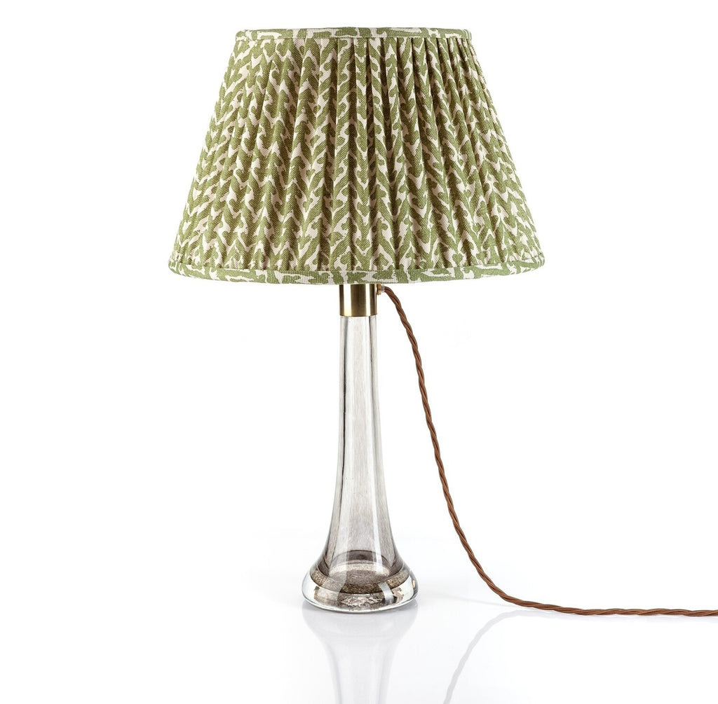 Fermoie Green Rabanna empire lampshade styled on a glass table lamp in Nashville, Tennessee