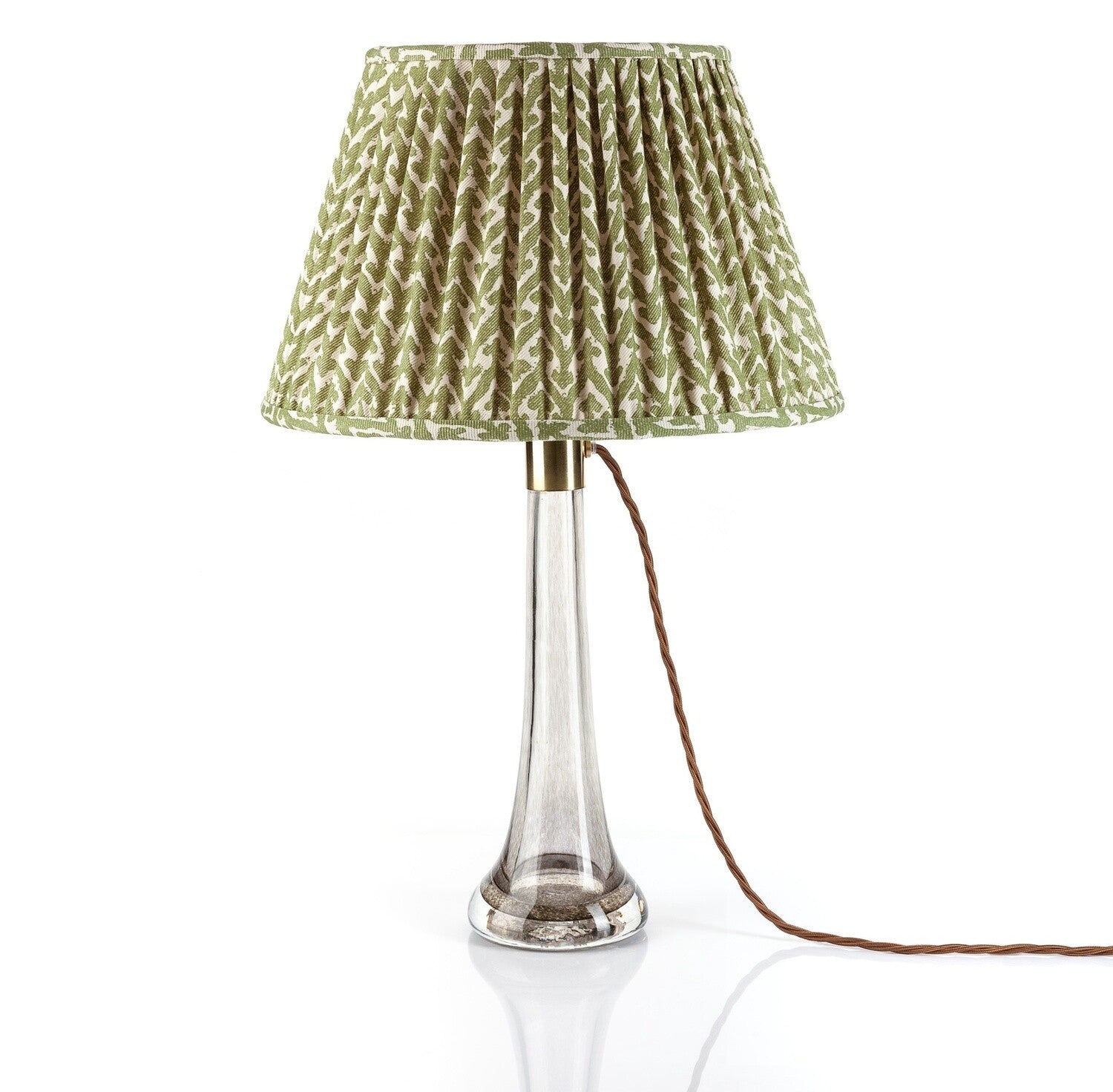 Fermoie Green Rabanna empire lampshade styled on a glass table lamp in Nashville, Tennessee