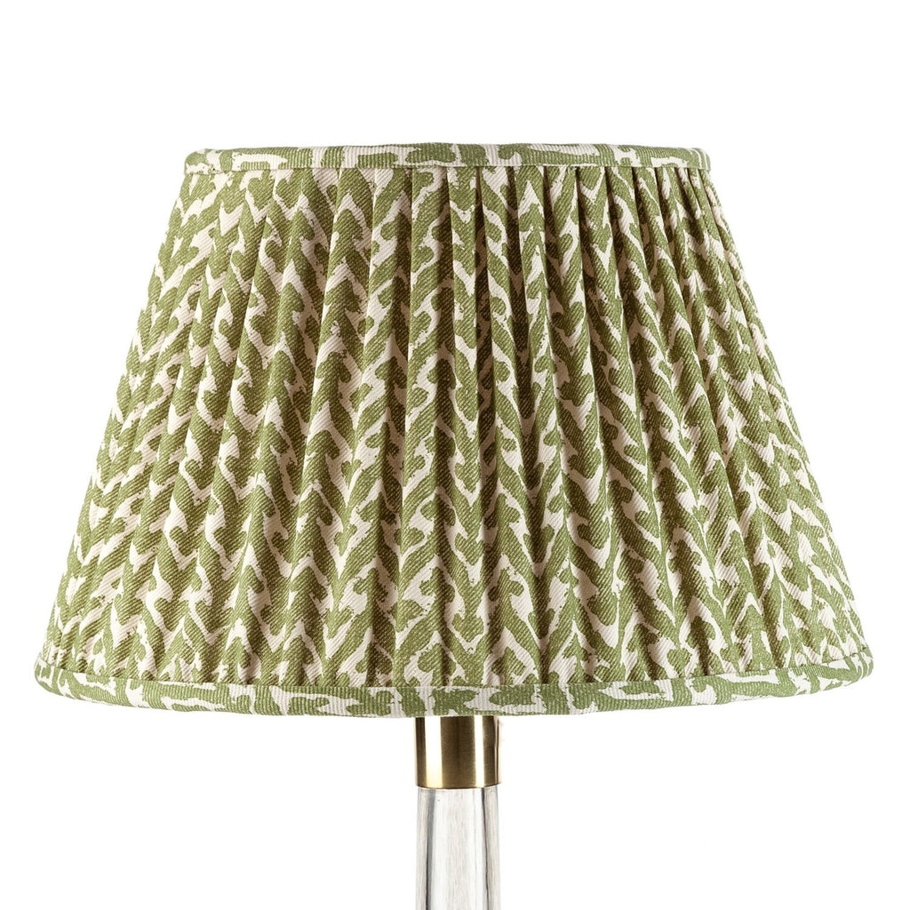 Fermoie Green Rabanna empire lampshade styled on a glass table lamp in Nashville, Tennessee