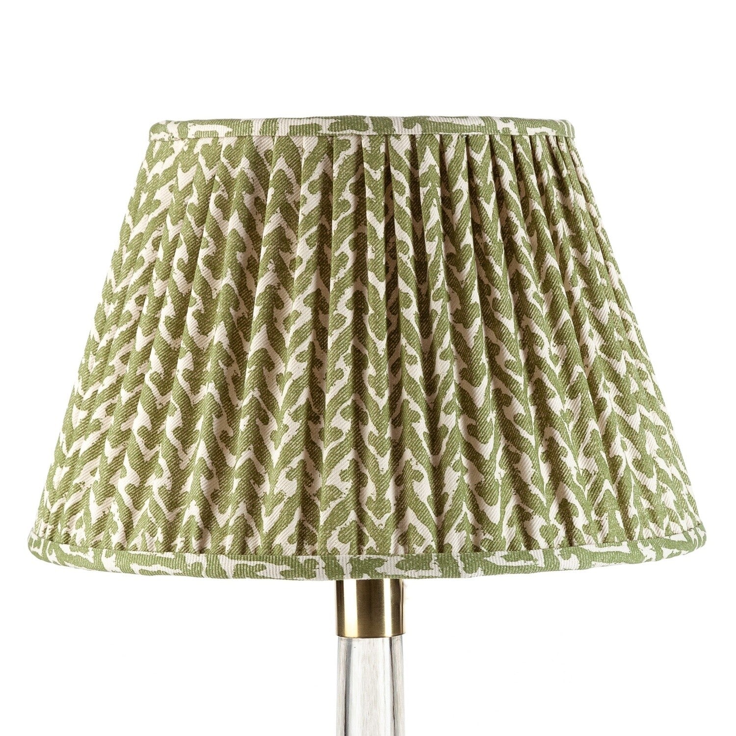 Fermoie Green Rabanna empire lampshade styled on a glass table lamp in Nashville, Tennessee