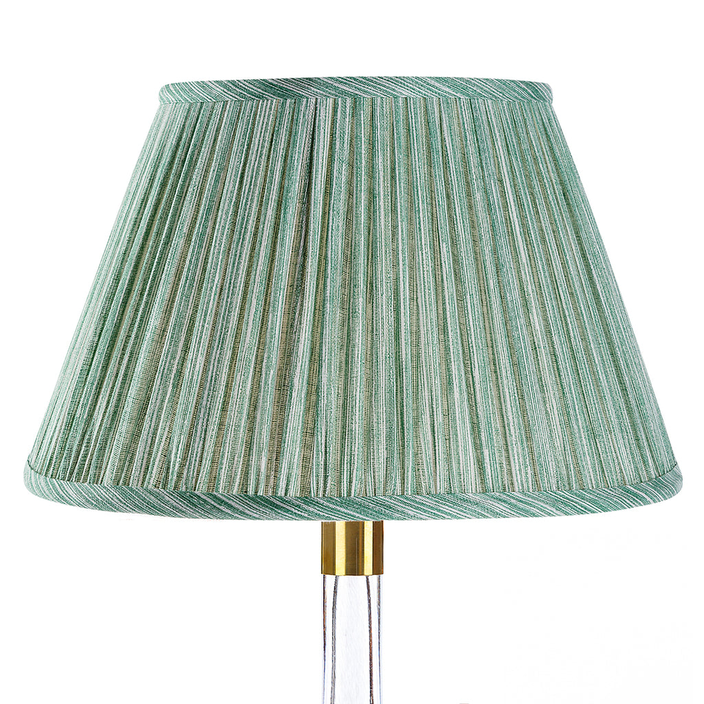 Fermoie Green Strié empire lampshade styled on a glass table lamp in Nashville, TN