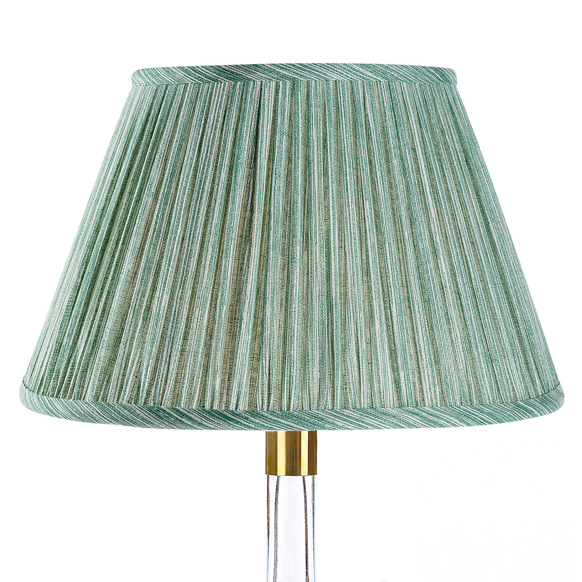 Fermoie Green Strié empire lampshade styled on a glass table lamp in Nashville, TN