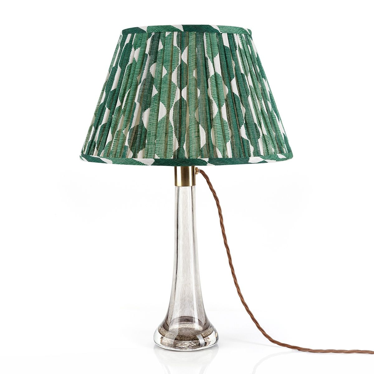 Fermoie Green Whittle Empire lampshade styled on a glass table lamp in Nashville, Tennessee