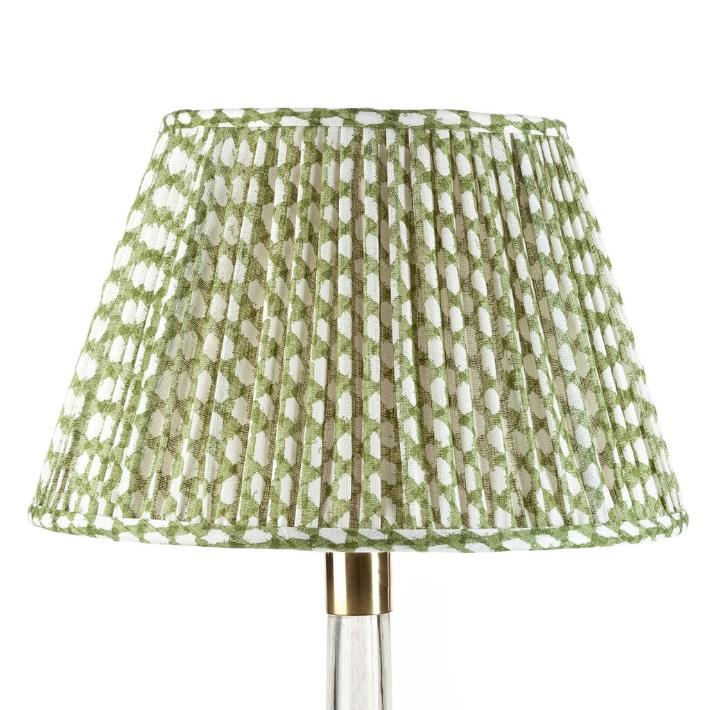 Fermoie Green Wicker empire lampshade styled on a glass table lamp in Nashville, Tennessee
