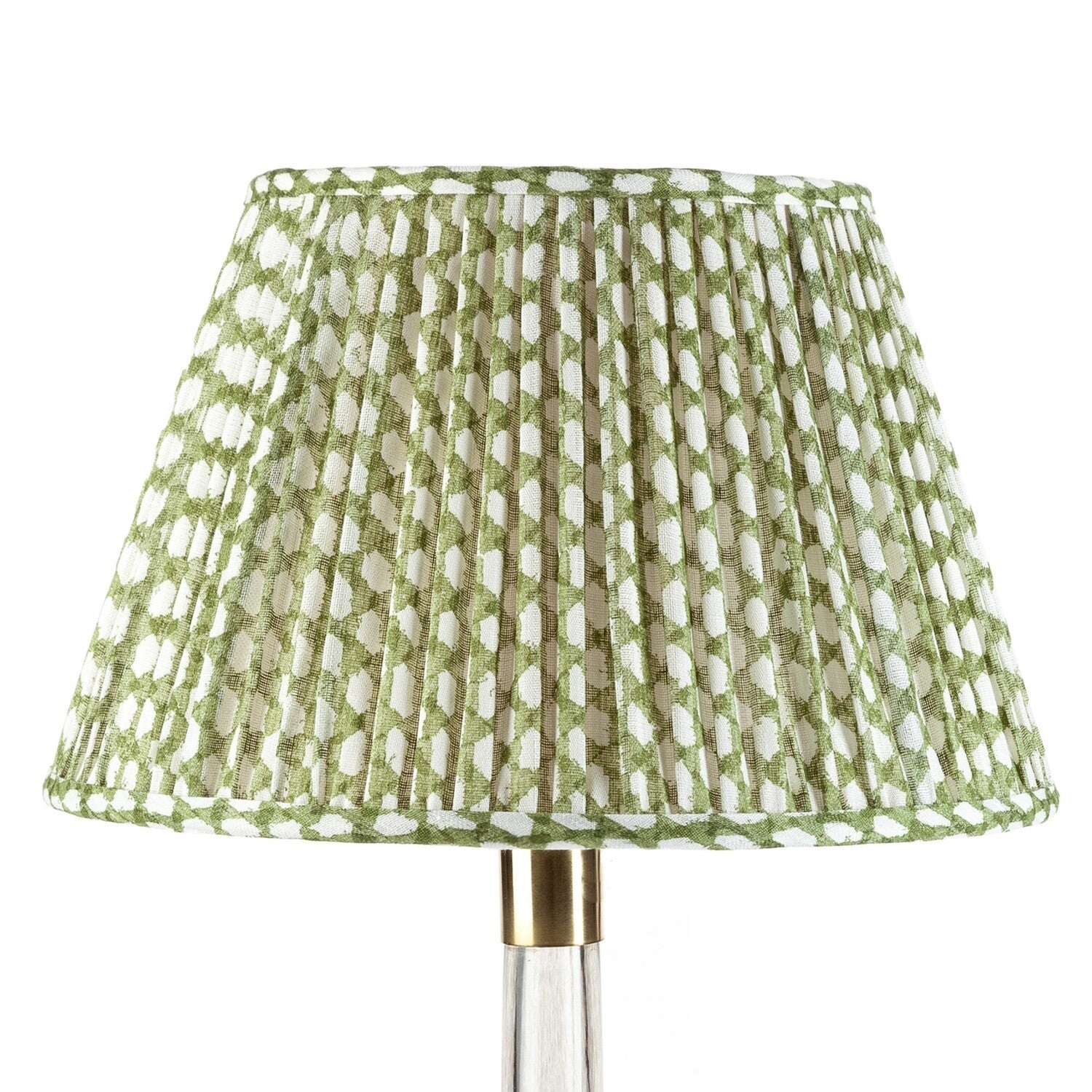 Fermoie Green Wicker empire lampshade styled on a glass table lamp in Nashville, Tennessee