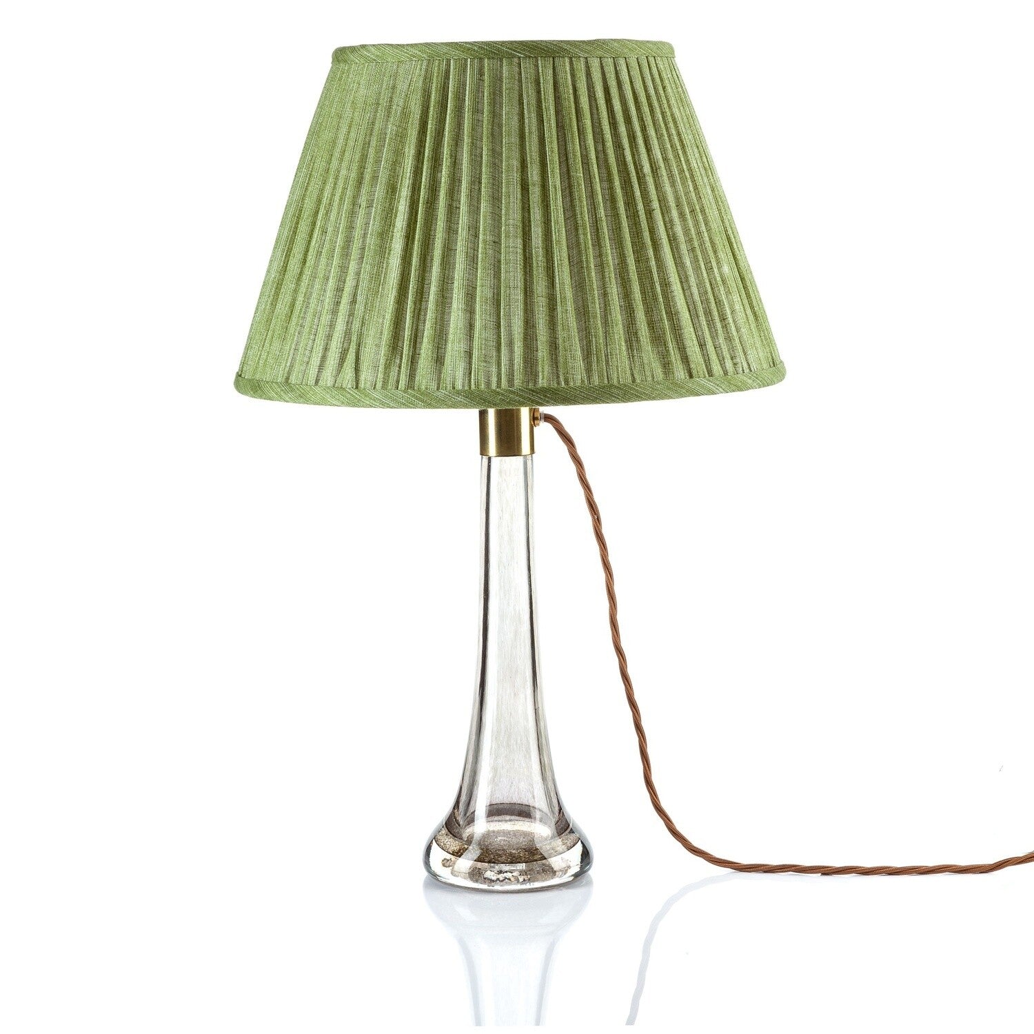 Fermoie Kintyre Green Empire lampshade styled on a glass table lamp in Nashville, Tennessee