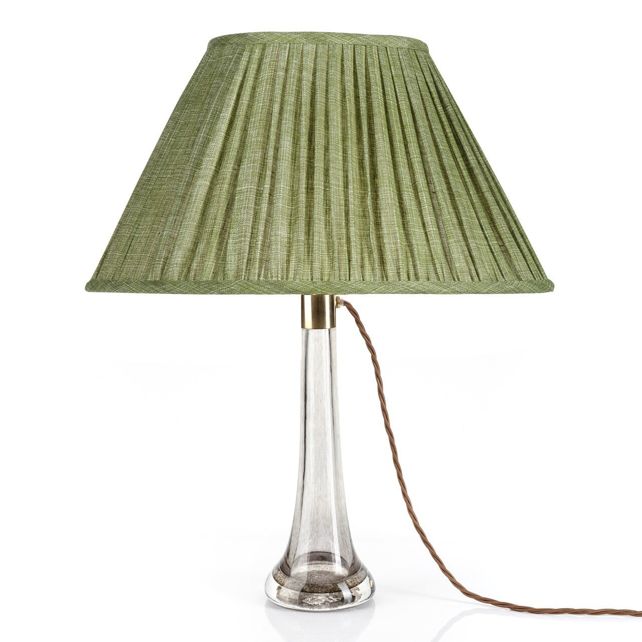 Fermoie Kintyre Green oval lampshade styled on a glass table lamp in Nashville, Tennessee