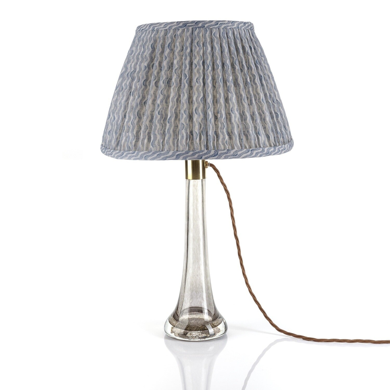 Fermoie Light Blue Popple Empire lampshade styled on a glass table lamp in Nashville, Tennessee
