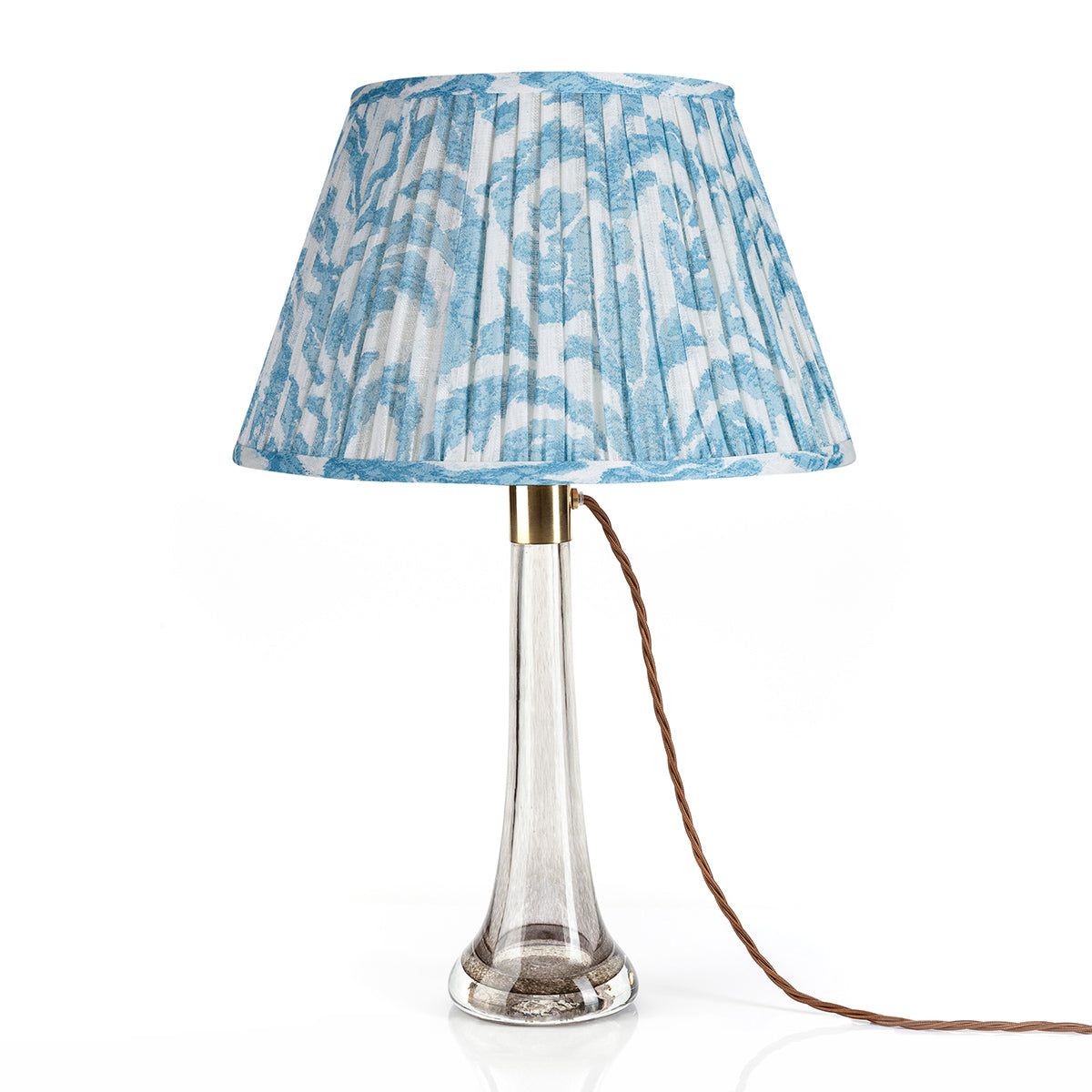 Fermoie Light Blue Marlborough Empire lampshade styled on a glass table lamp in Nashville, Tennessee