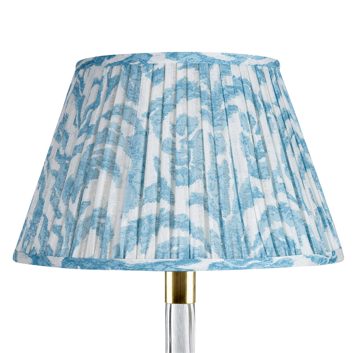 Fermoie Light Blue Marlborough empire lampshade styled on a glass table lamp in Nashville, Tennessee