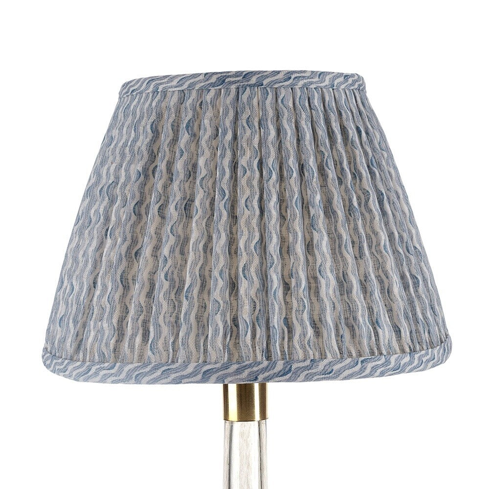 Fermoie Light Blue Popple empire lampshade styled on a glass table lamp in Nashville, Tennessee