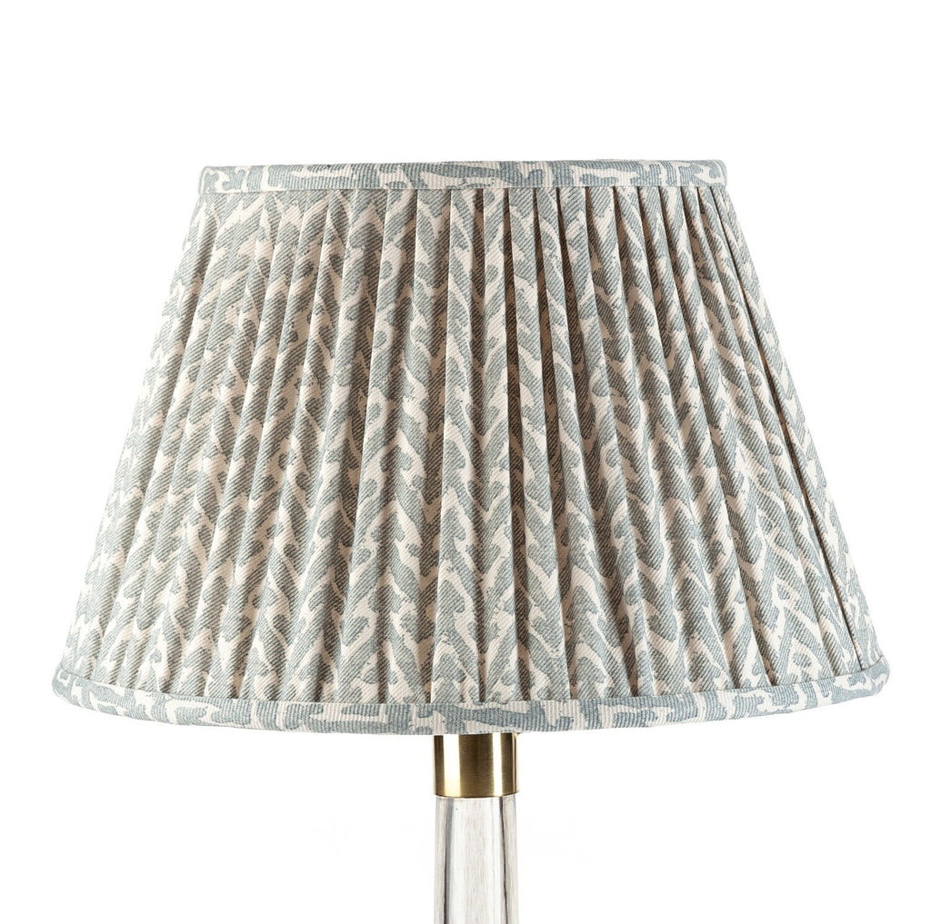 Fermoie Light Blue Rabanna empire lampshade styled on a glass table lamp in Nashville, Tennessee