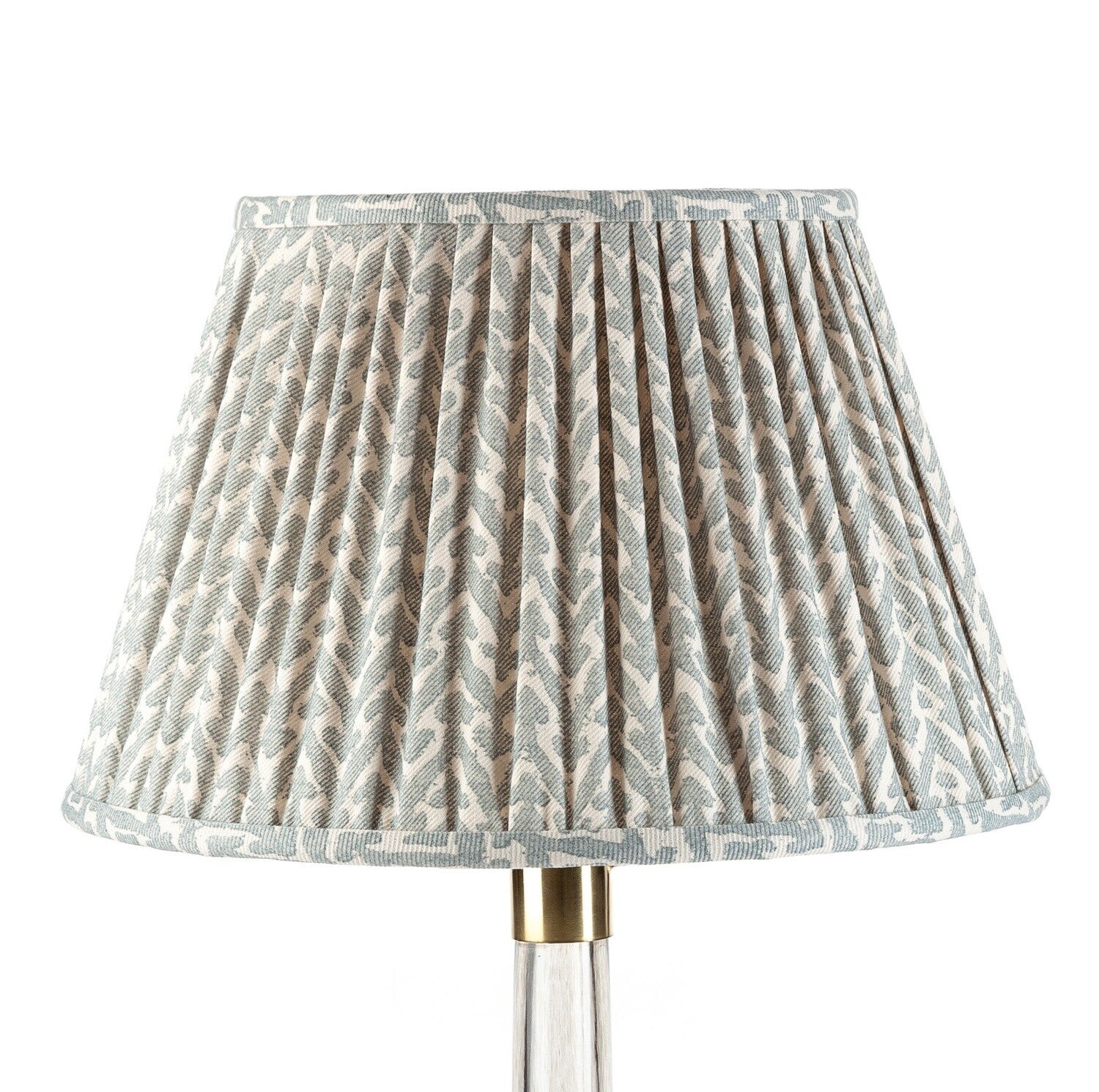 Fermoie Light Blue Rabanna empire lampshade styled on a glass table lamp in Nashville, Tennessee