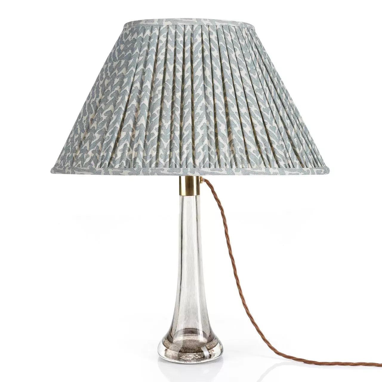 Fermoie Light Blue Rabanna Oval Lampshade on a glass table lamp in Nashville, Tennessee