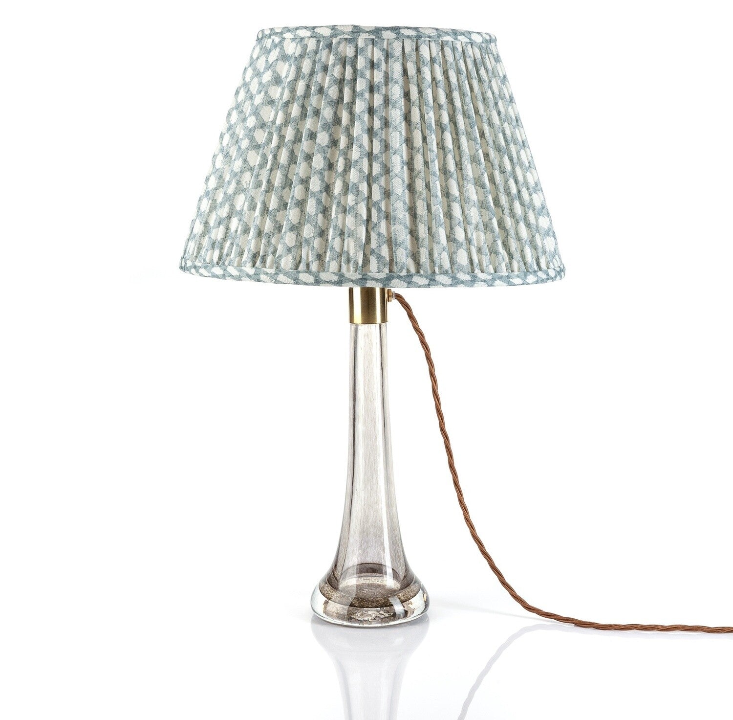 Fermoie Light Blue Wicker empire lampshade styled on a glass table lamp in Nashville, Tennessee