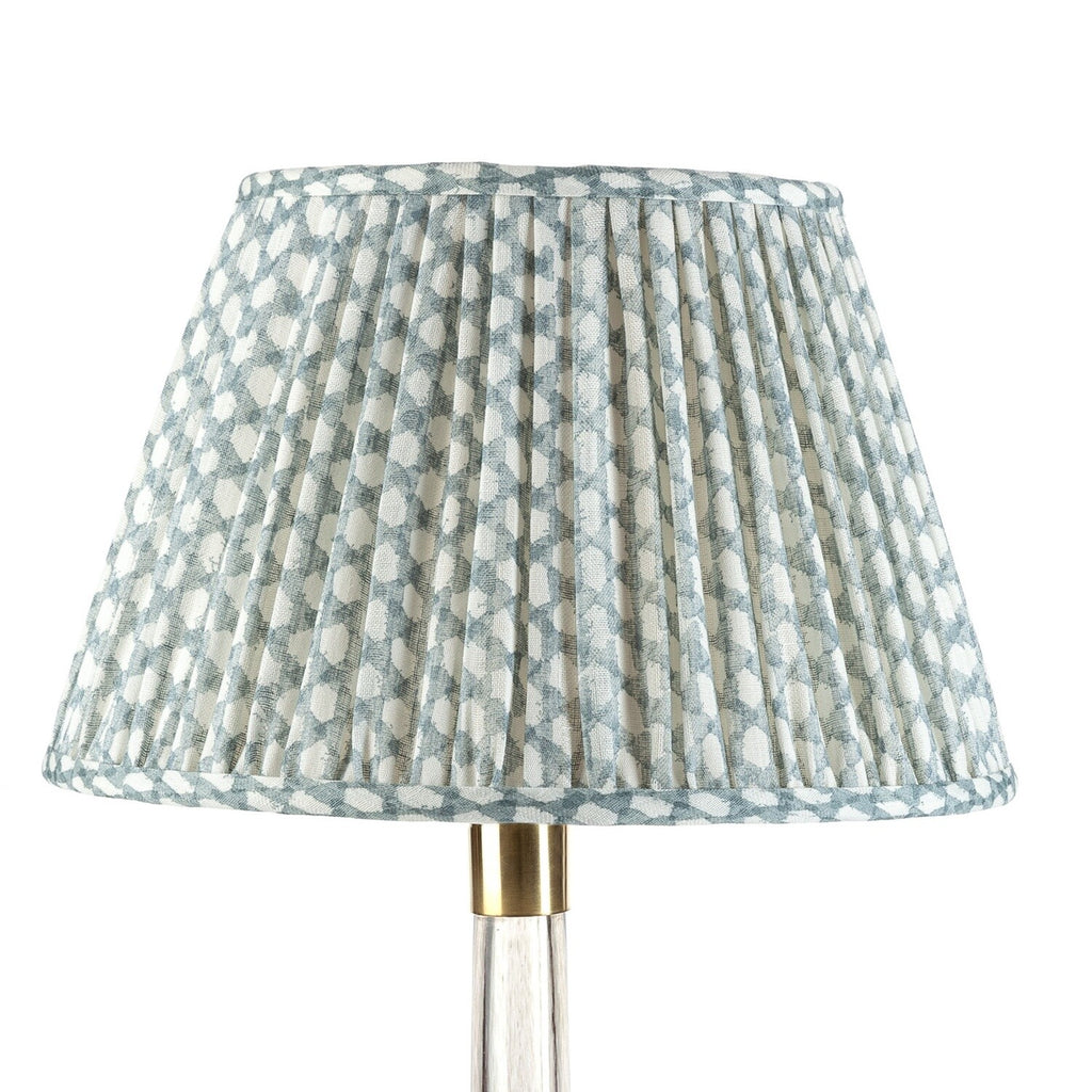 Fermoie Light Blue Wicker empire lampshade styled on a glass table lamp in Nashville, Tennessee