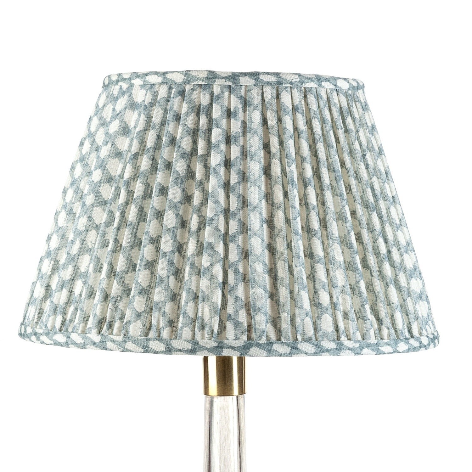 Fermoie Light Blue Wicker empire lampshade styled on a glass table lamp in Nashville, Tennessee