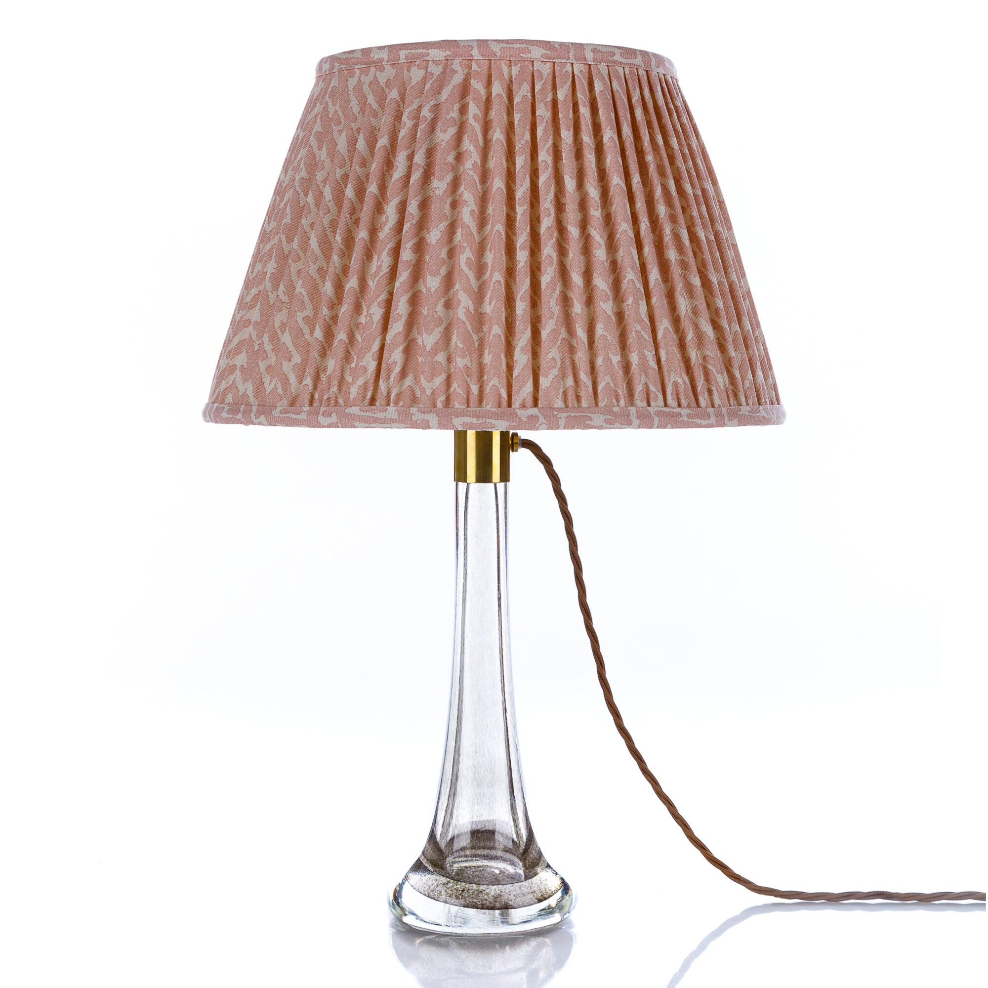 Fermoie Light PInk Rabanna empire lampshade styled on a glass table lamp in Nashville, Tennessee