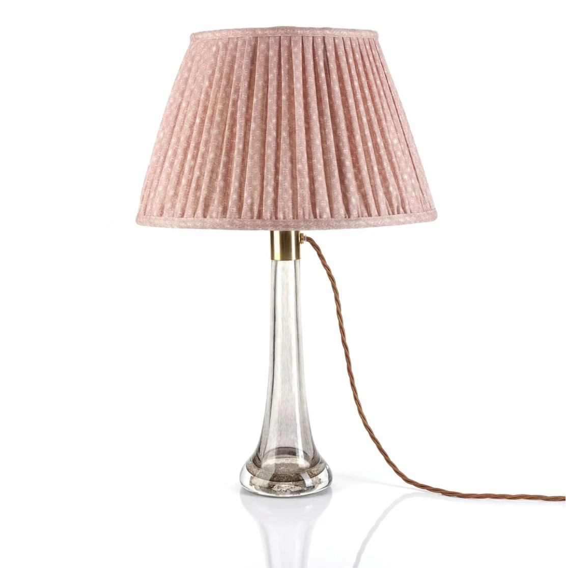 Fermoie Pink Figured Empire Lampshade styled on a glass table lamp in Nashville, Tennessee