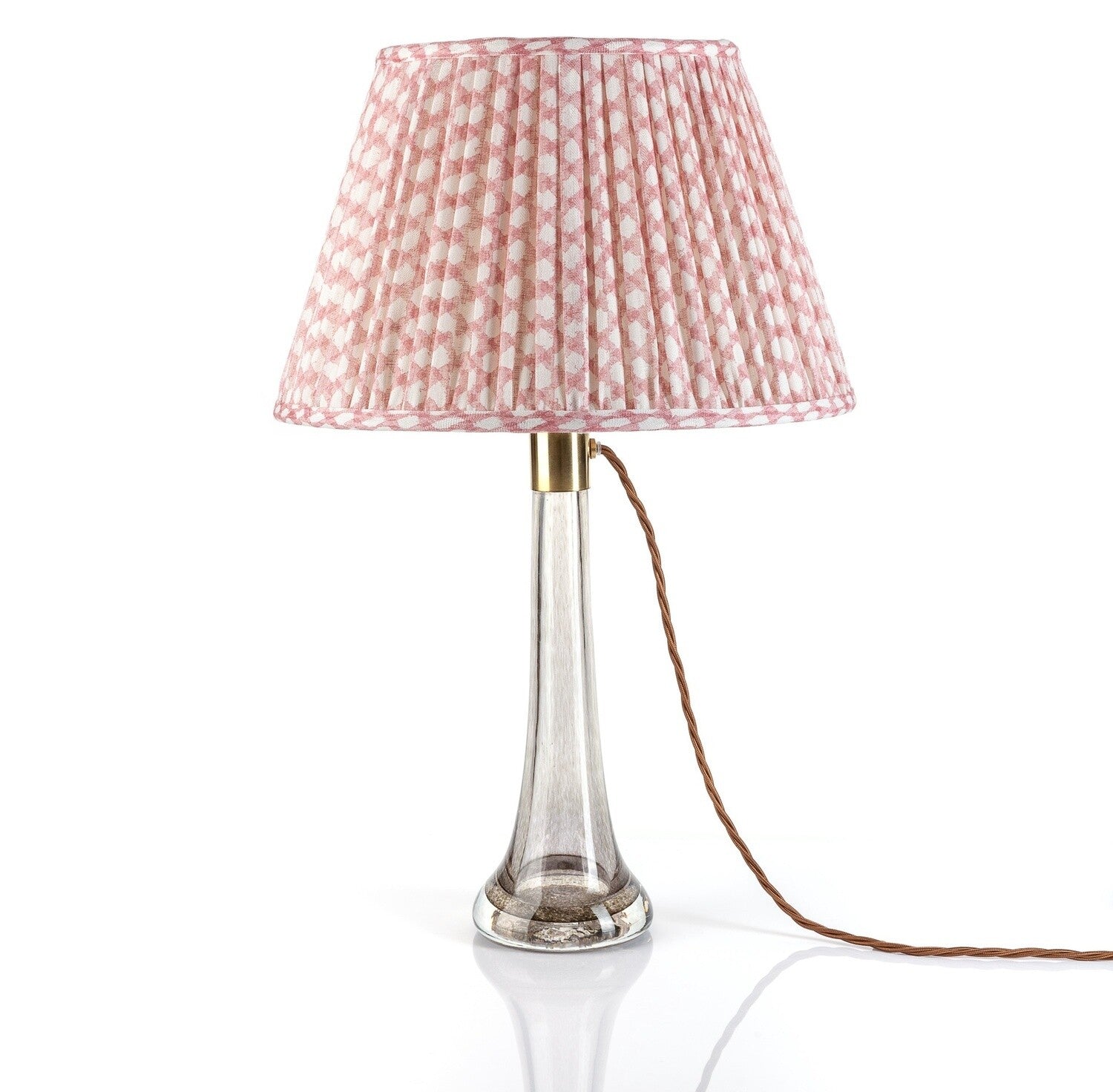 Fermoie Pink Wicker empire lampshade styled on a glass table lamp in Nashville, Tennessee