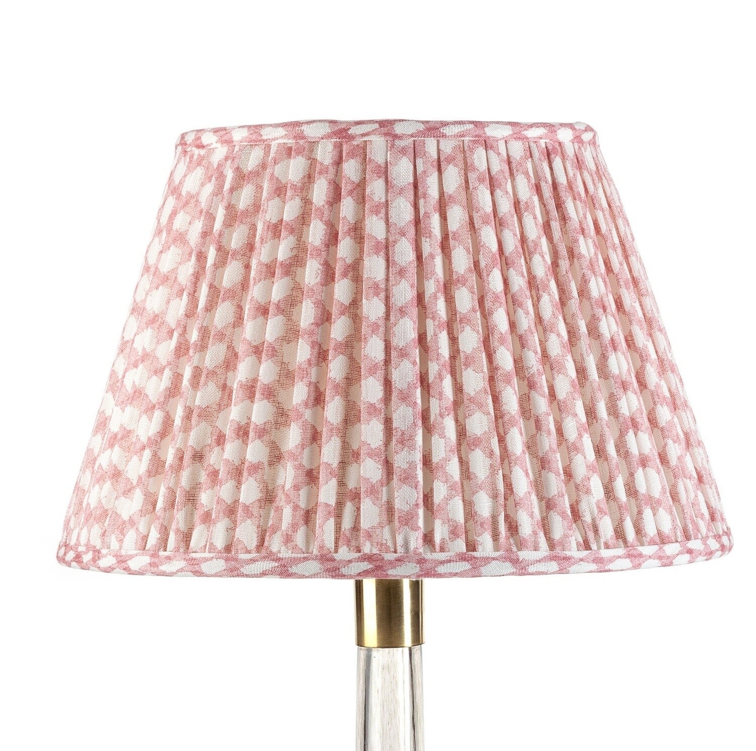 Fermoie Pink Wicker empire lampshade styled on a glass table lamp in Nashville, Tennessee