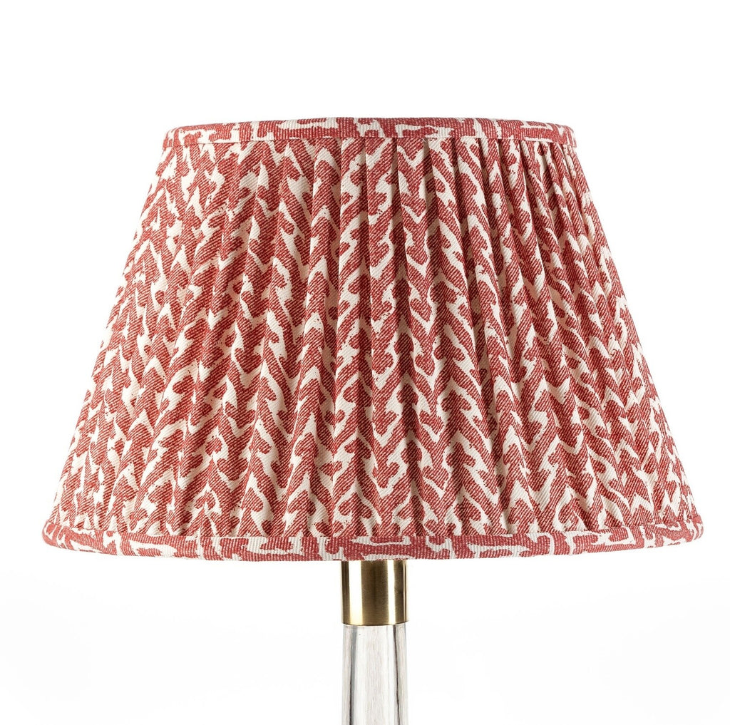Fermoie Red Rabanna empire lampshade styled on a glass table lamp in Nashville, Tennessee